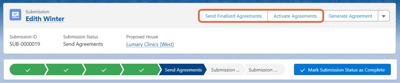 Send Finalised Agreements and Activate Agreements buttons, and Send Agreements submission status