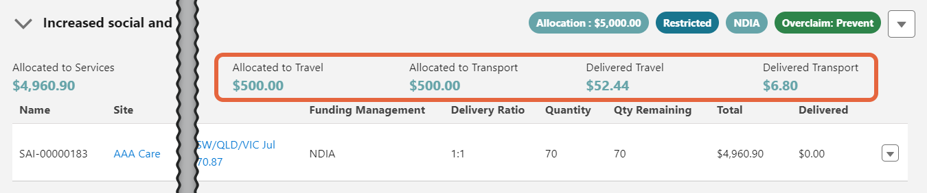 Allocated and delivered travel and transport fields