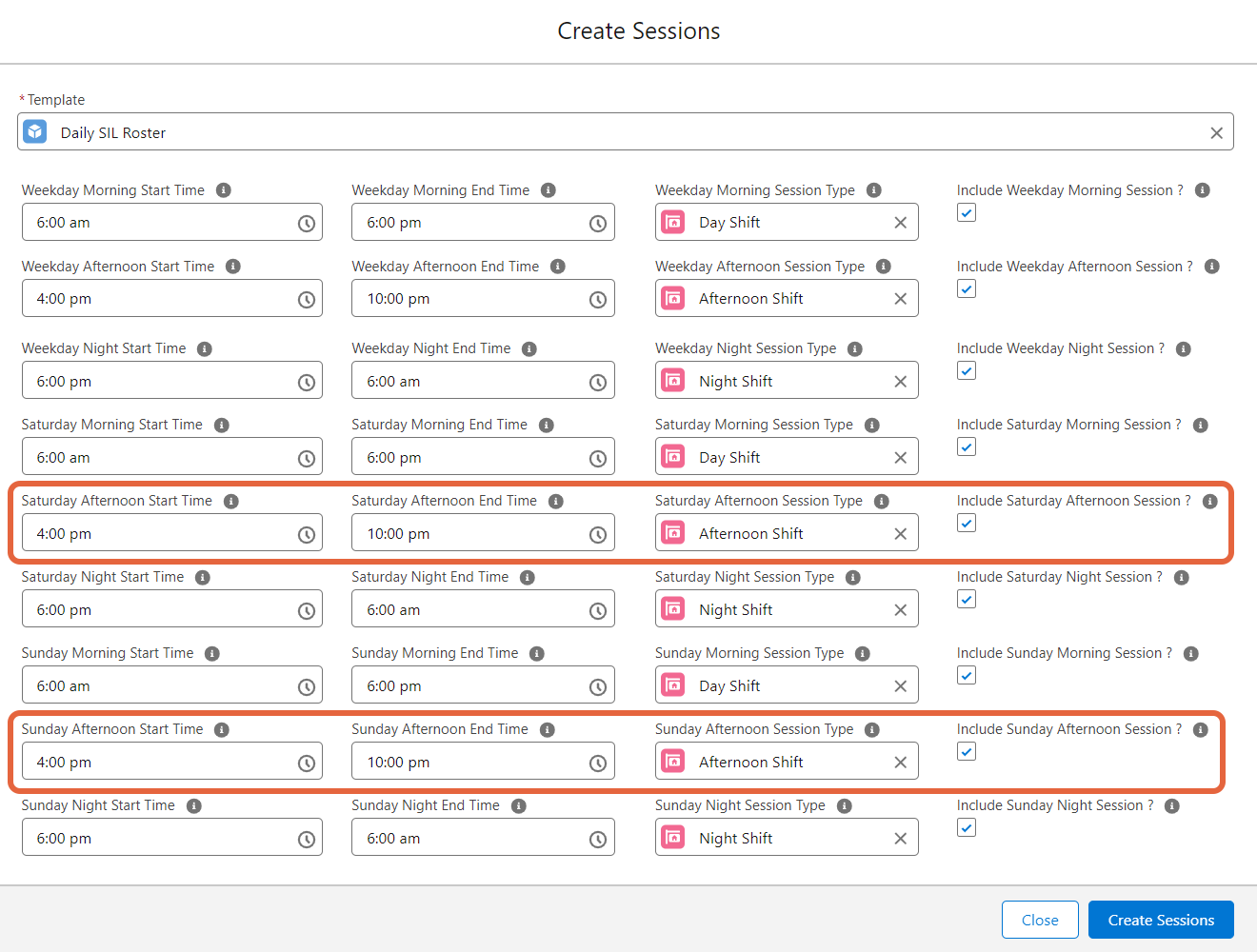 Shift template with weekend afternoon sessions