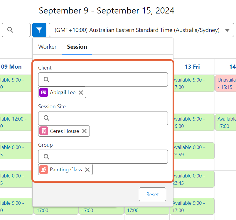 Session filters for clients, groups and sites