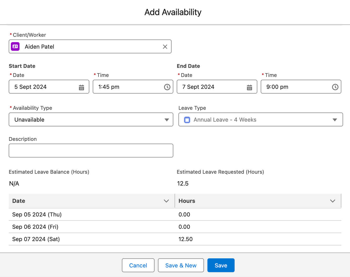 Add availability popup form