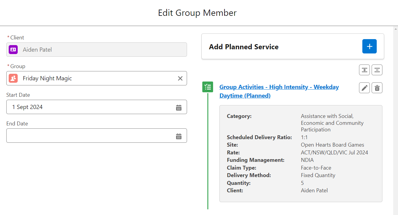 Edit group member form showing planned service