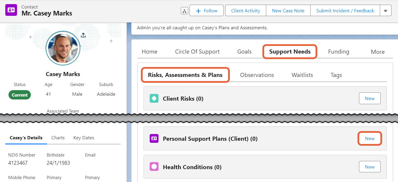 Personal support plans New button