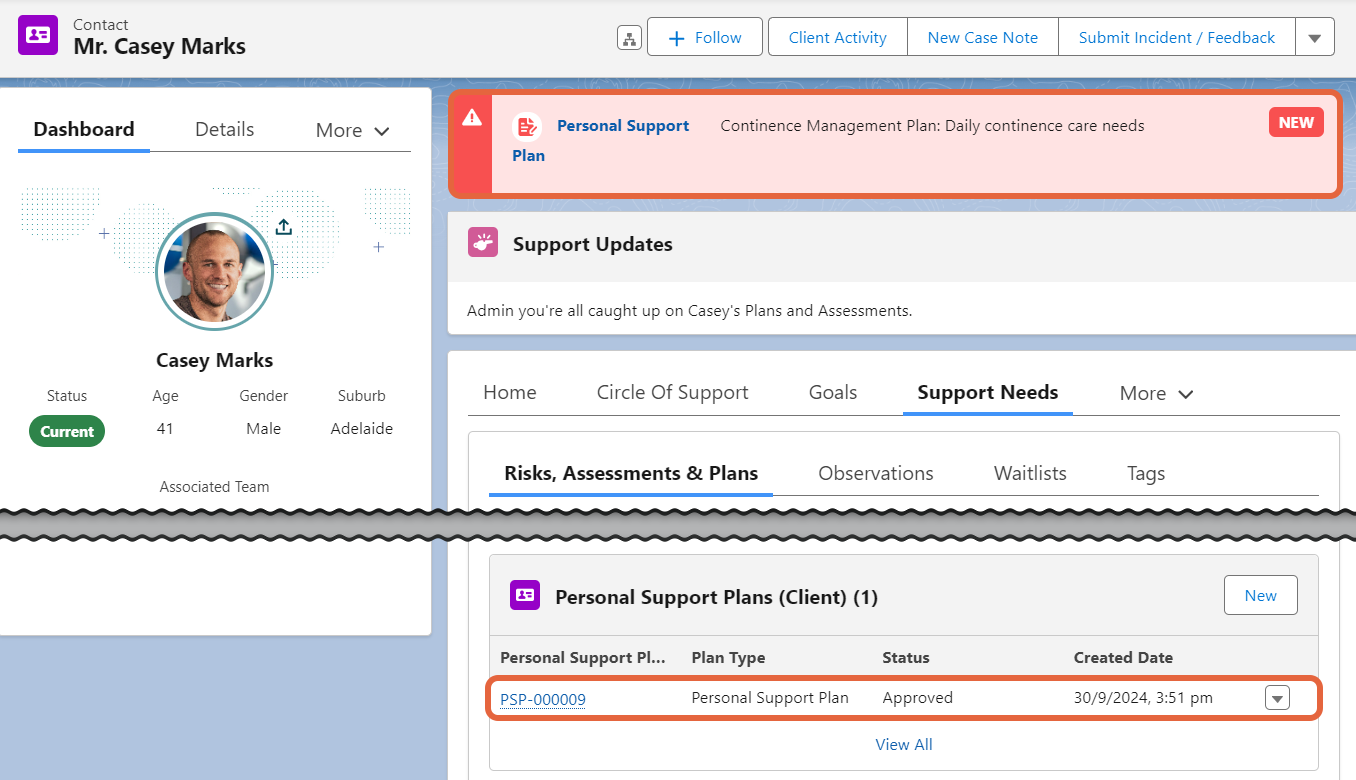 Client record with personal support plan and alert