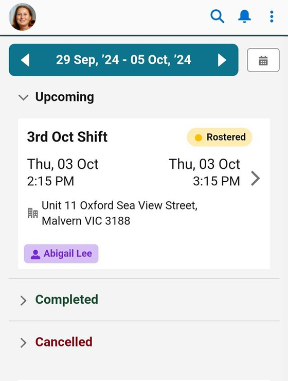 My Upcoming Sessions screen