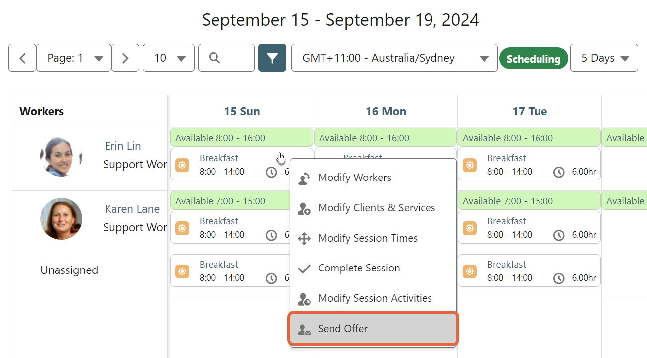 Send Offer option on calendar right click action