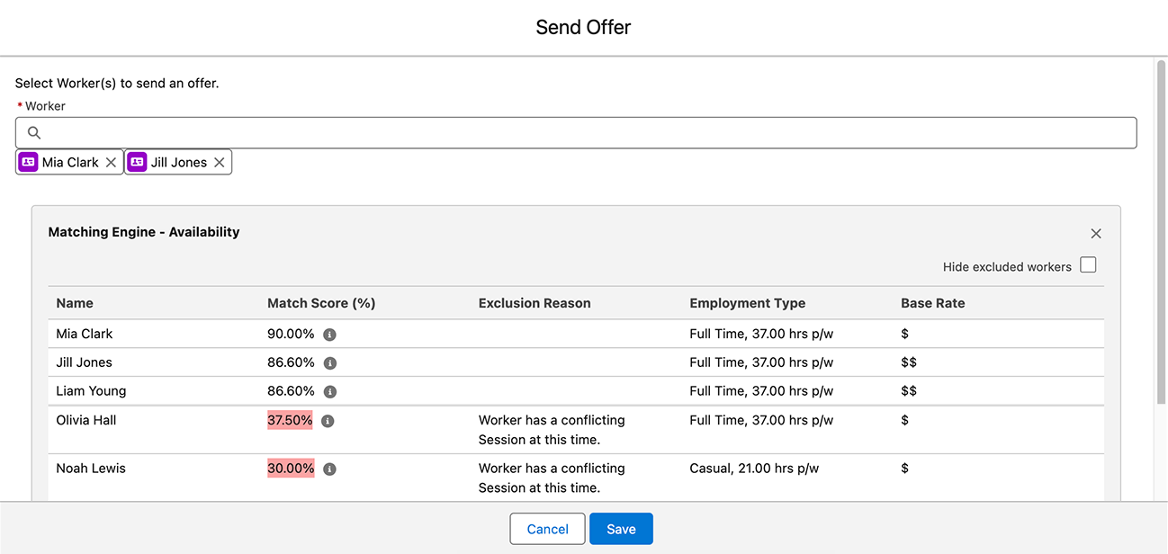 Send offer matching engine list