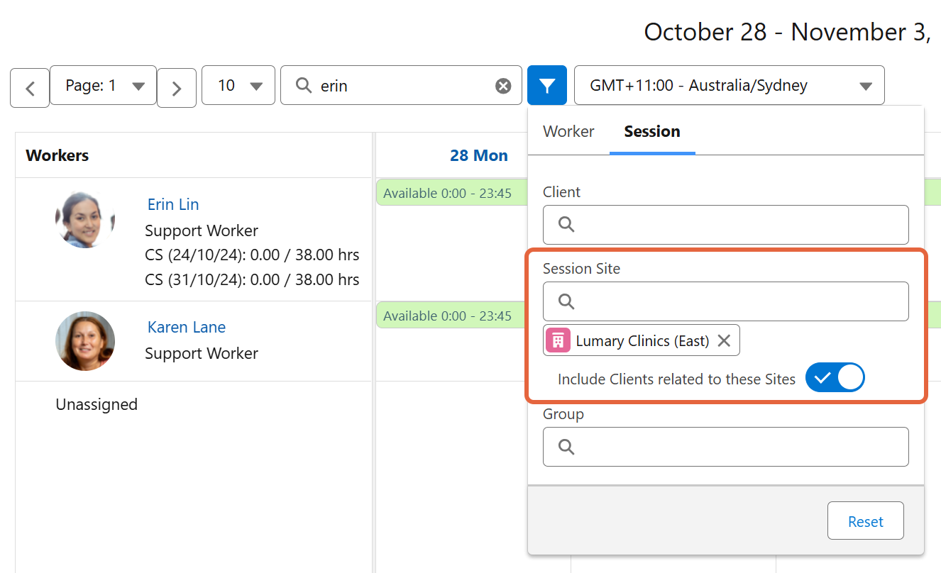 Session Site filter and Clients toggle