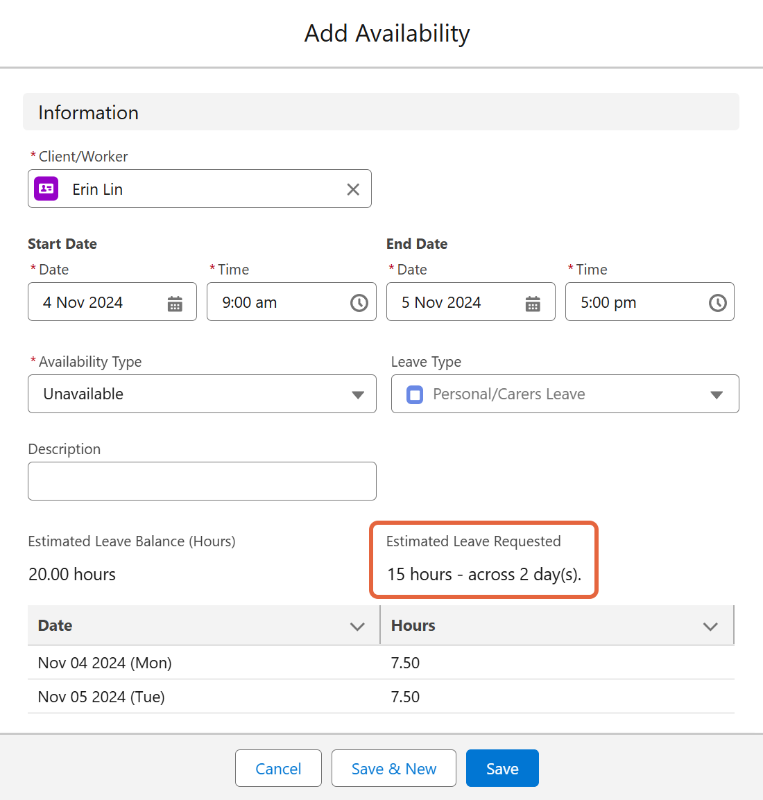 Estimated leave requested shown