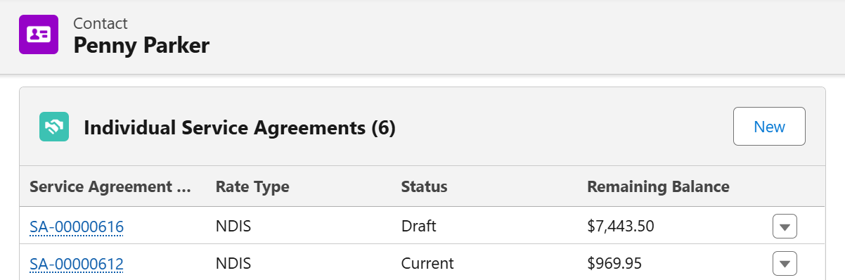 Client record list of service agreements