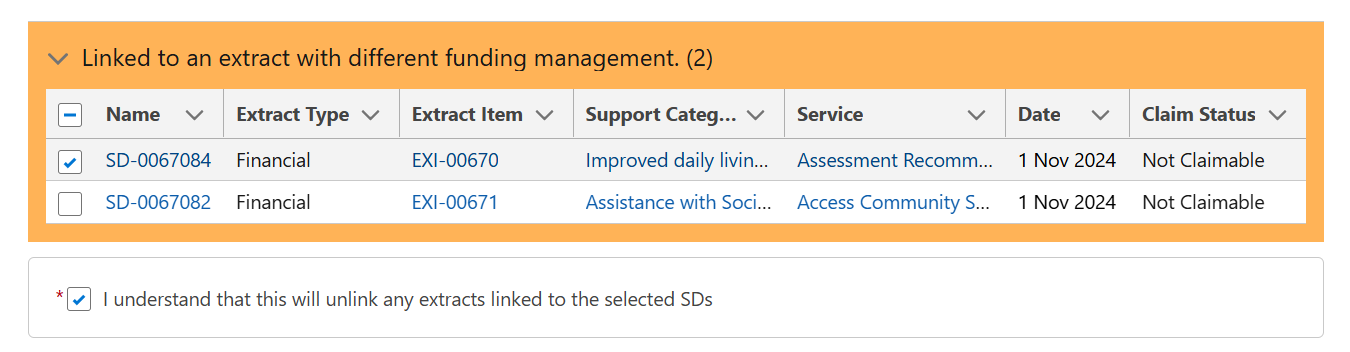 Unlinking SD records linked to extracts confirmation