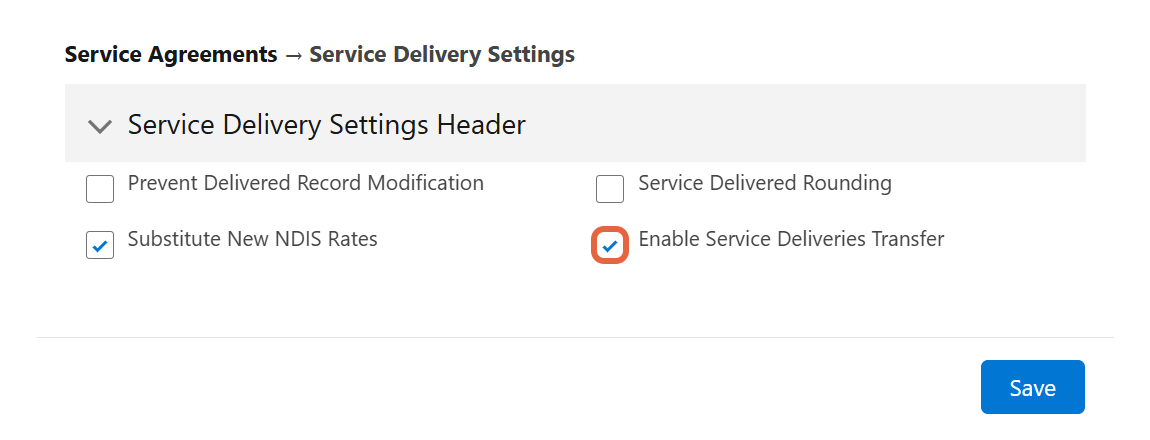 Enable Service Deliveries Transfer checkbox