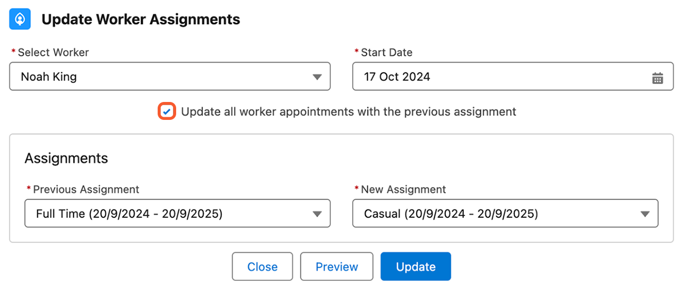 Update Worker Assignments popup highlighting the Update all worker appointments with the previous assignment checkbox