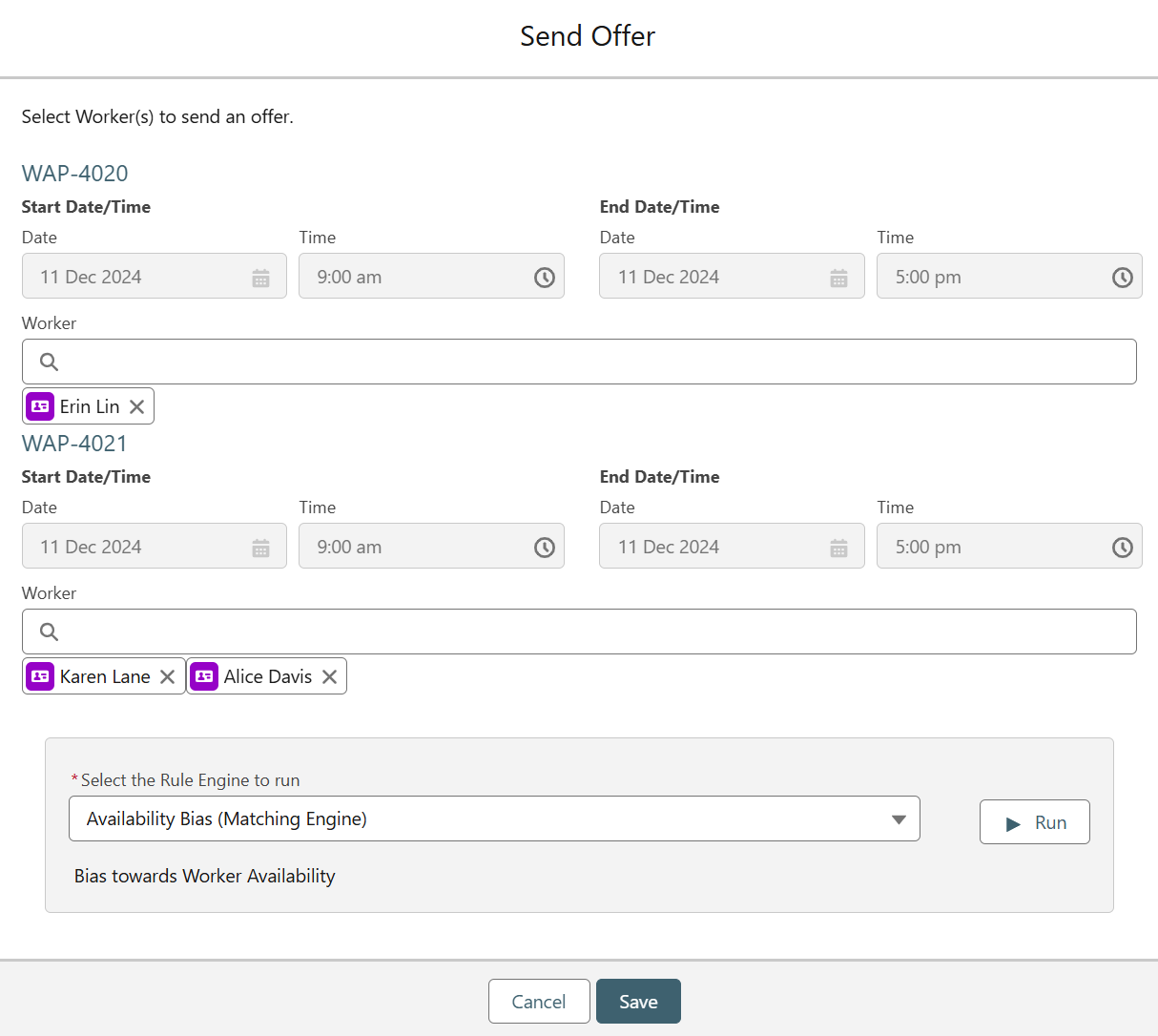 Send offer popup showing multiple worker appointments