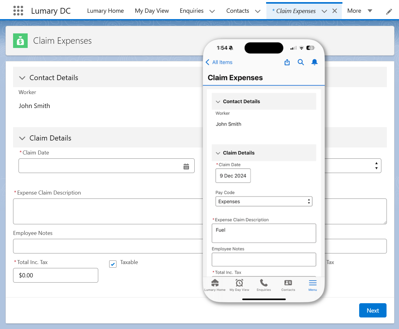 Claim expenses record overlaid with mobile app view