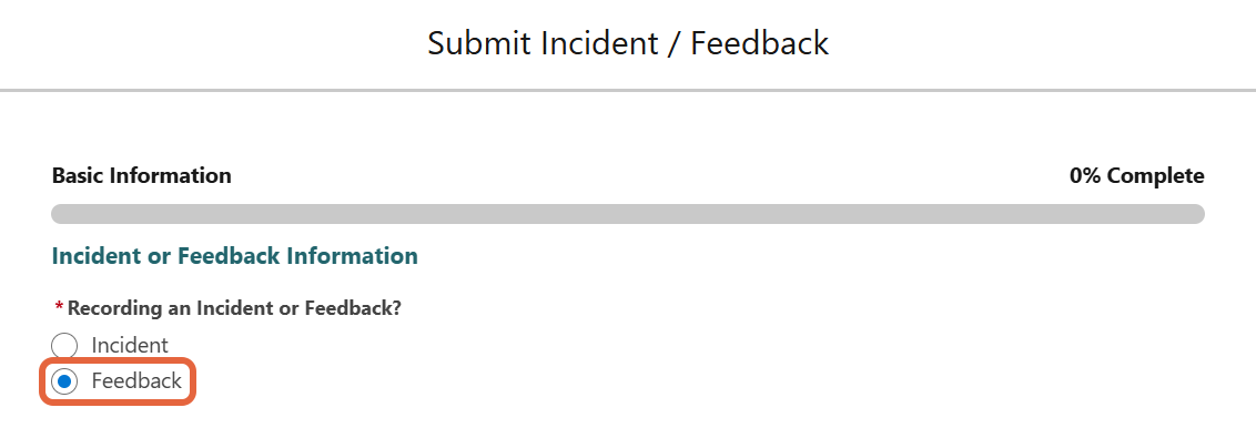 Submit Incident / Feedback form showing Feedback option