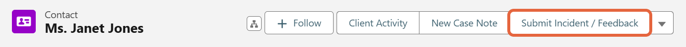 Client record showing Submit Incident / Feedback button