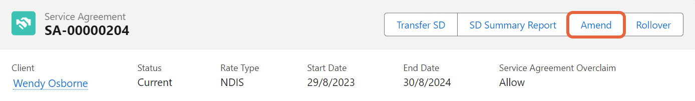Current service agreement Amend button