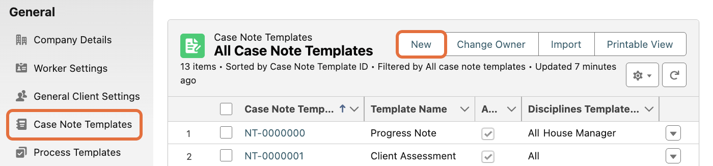 Case note templates list