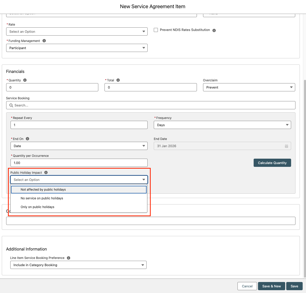 New Service Item - Public Holiday Impact