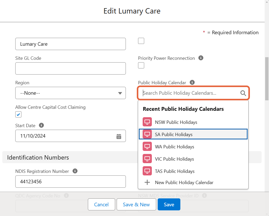 Edit site Public Holiday Calendar field