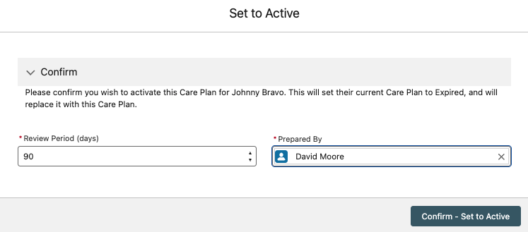 support plan activation screen