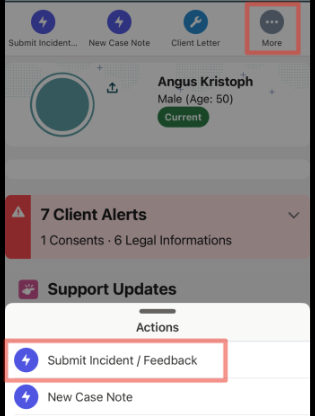 Mobile Client record showing Submit Incident / Feedback button