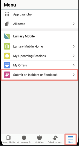 Mobile home showing Submit Incident / Feedback button