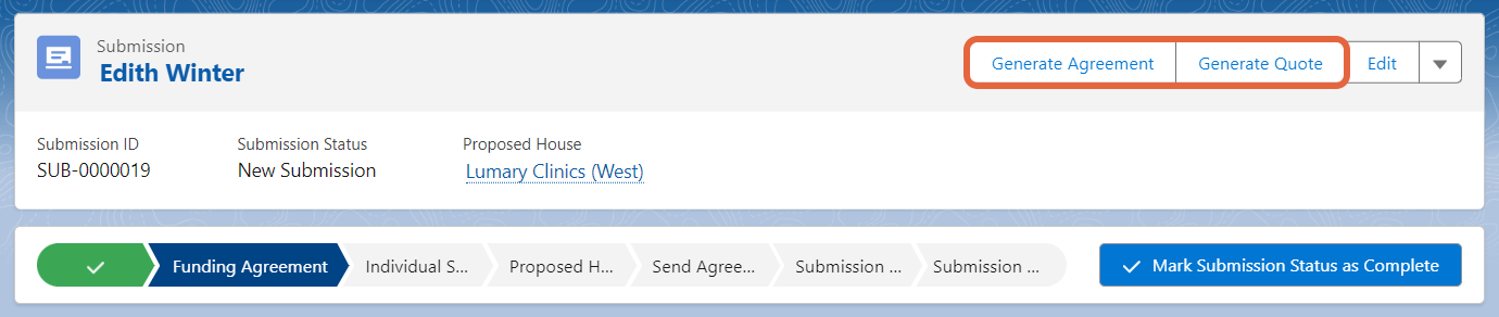 Generate agreement and generate quote buttons, and submission status